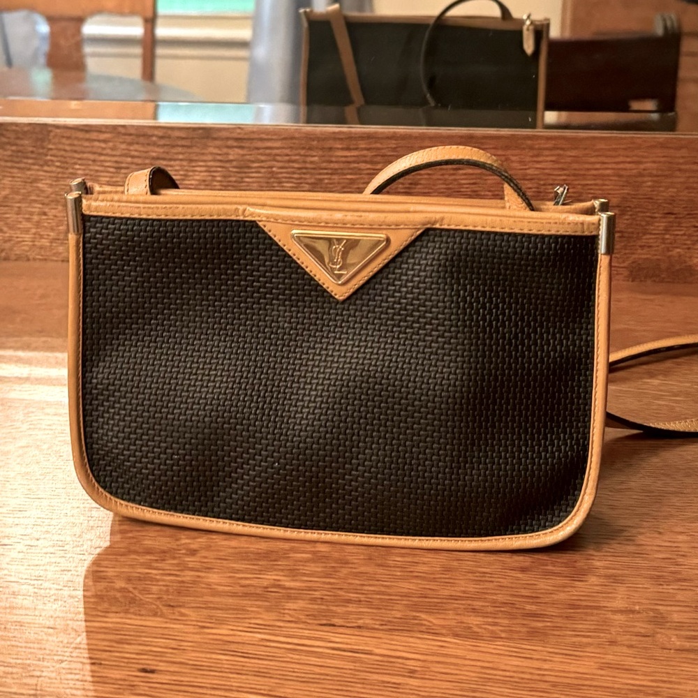 YVES ST LAURENT Vintage Authentic Black Plastic Print Crossbody with LeatherTrim